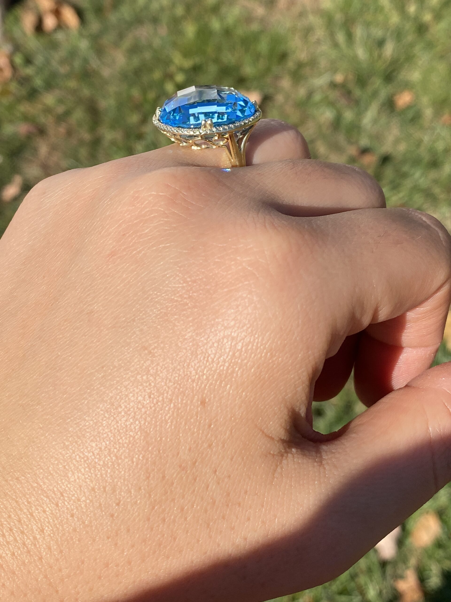 The 11th Avenue: Checkerboard Cut Blue Topaz and Diamond Halo Cocktail Ring - Image 11