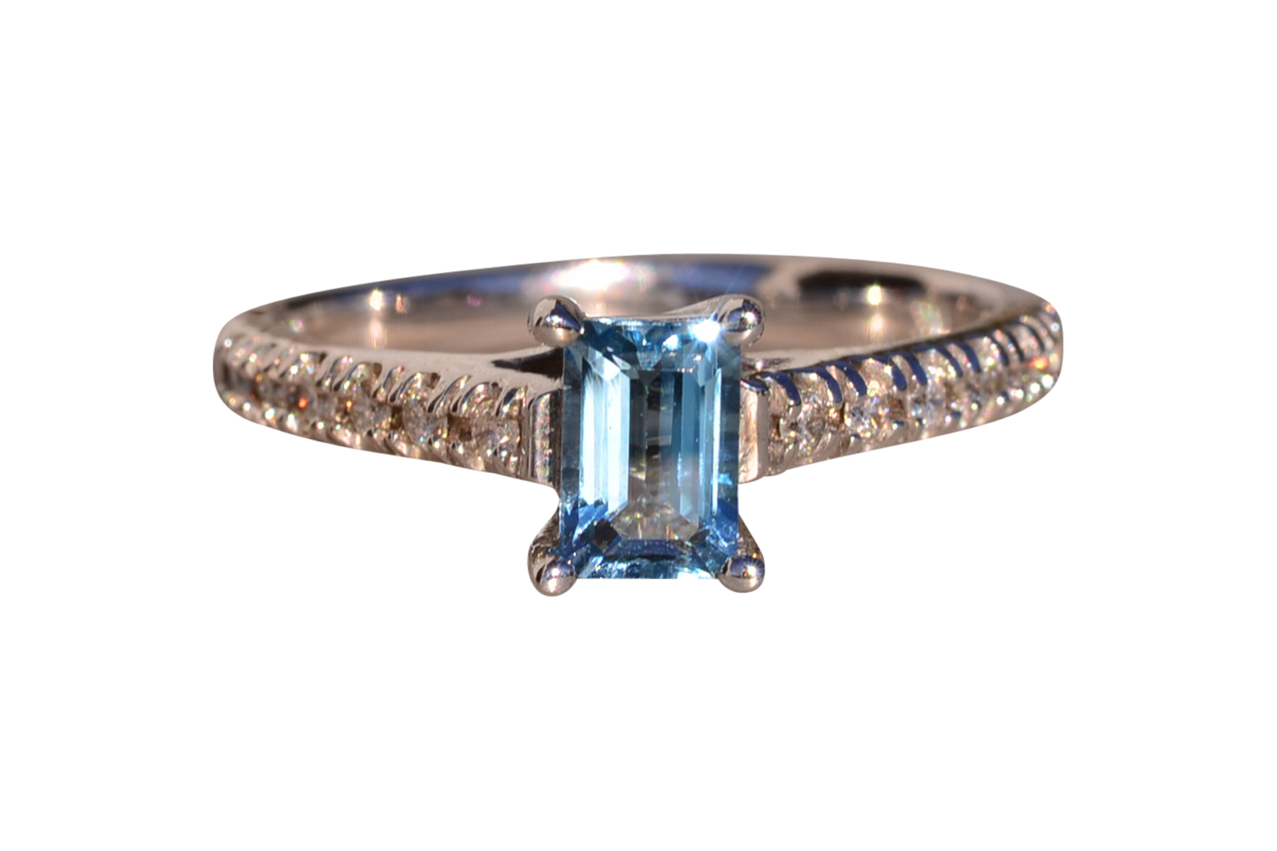 The 10th Avenue: Emerald Cut Blue Topaz and Diamond Ring in White Gold