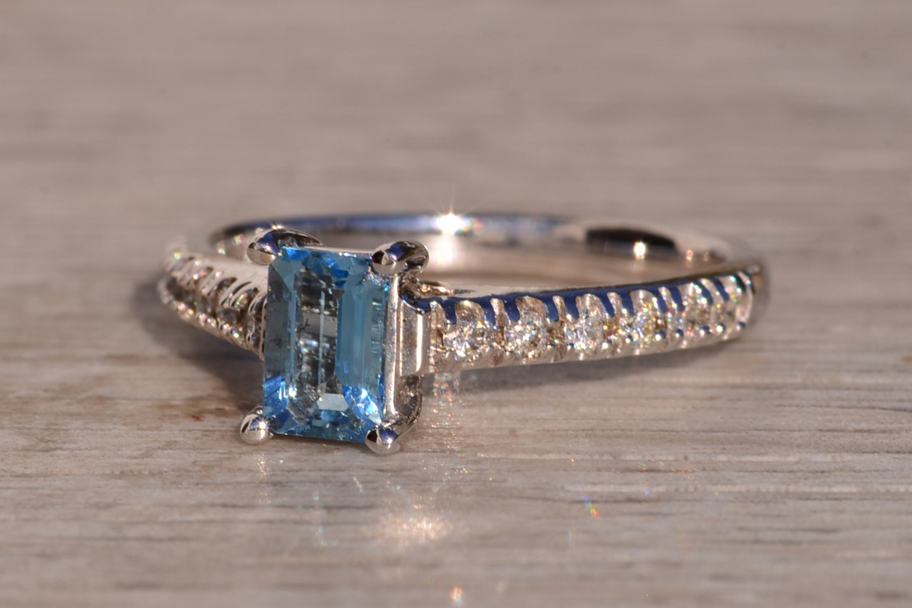 The 10th Avenue: Emerald Cut Blue Topaz and Diamond Ring in White Gold - Image 3
