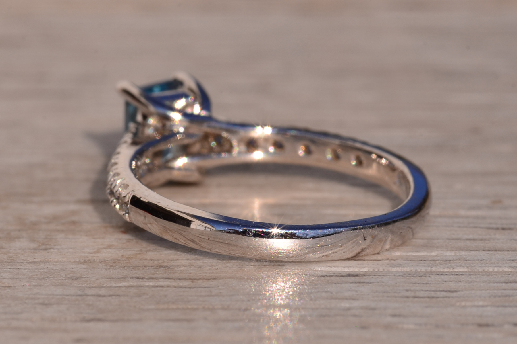 The 10th Avenue: Emerald Cut Blue Topaz and Diamond Ring in White Gold - Image 4