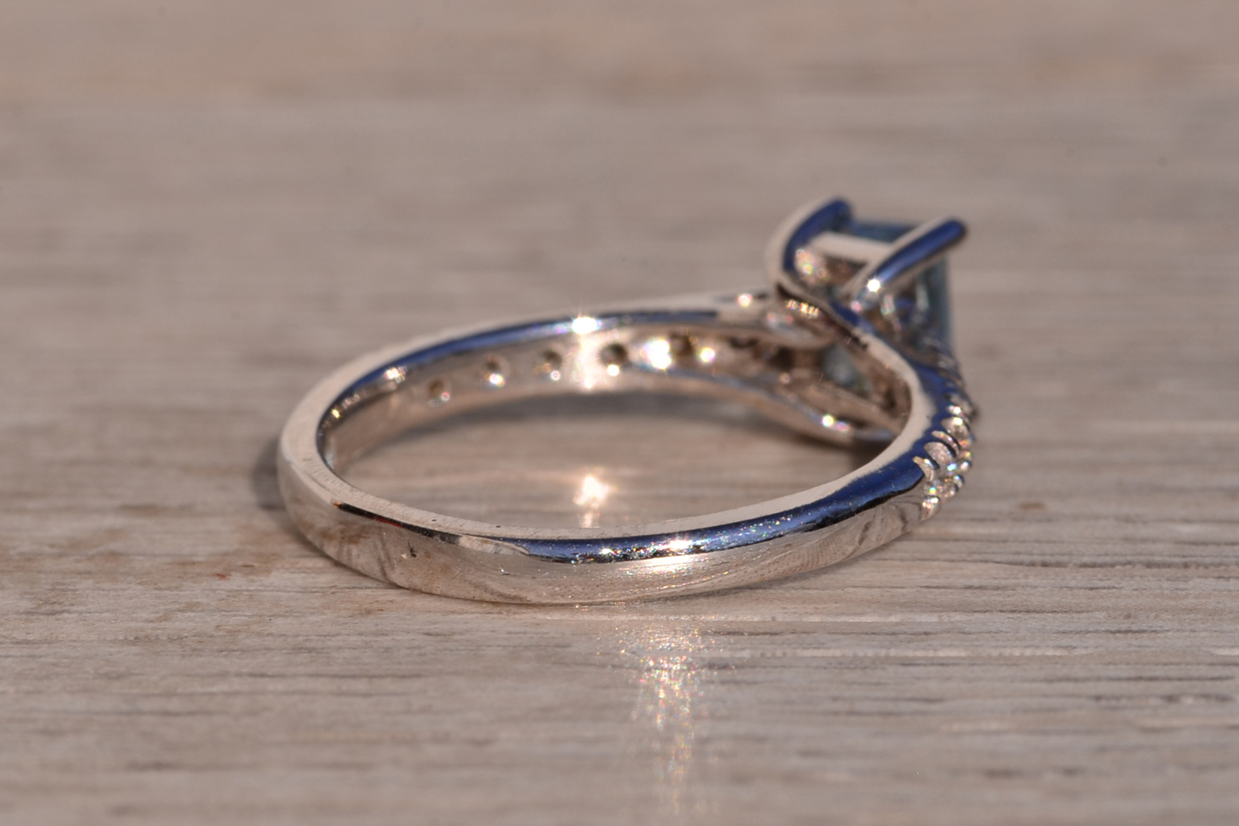 The 10th Avenue: Emerald Cut Blue Topaz and Diamond Ring in White Gold - Image 5