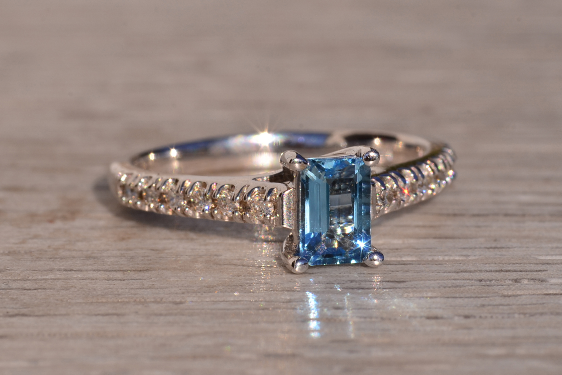 The 10th Avenue: Emerald Cut Blue Topaz and Diamond Ring in White Gold - Image 6