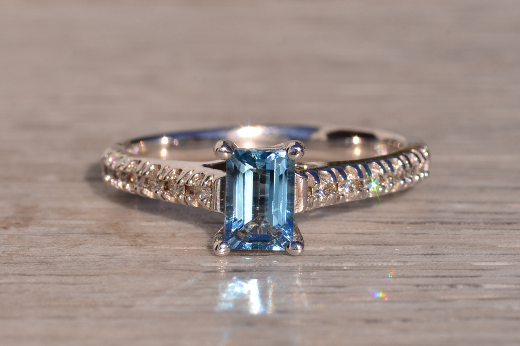 The 10th Avenue: Emerald Cut Blue Topaz and Diamond Ring in White Gold - Image 7
