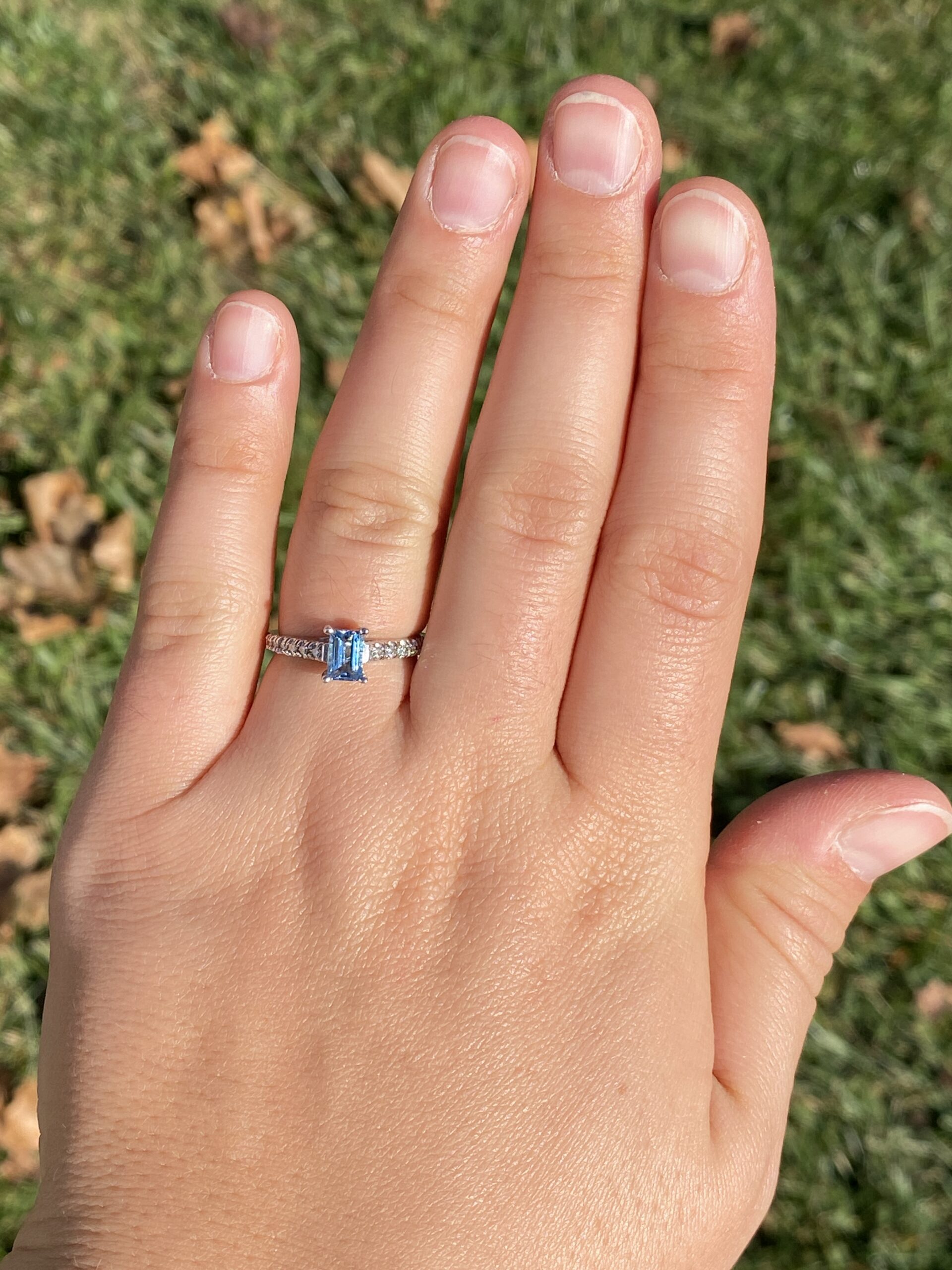 The 10th Avenue: Emerald Cut Blue Topaz and Diamond Ring in White Gold - Image 8