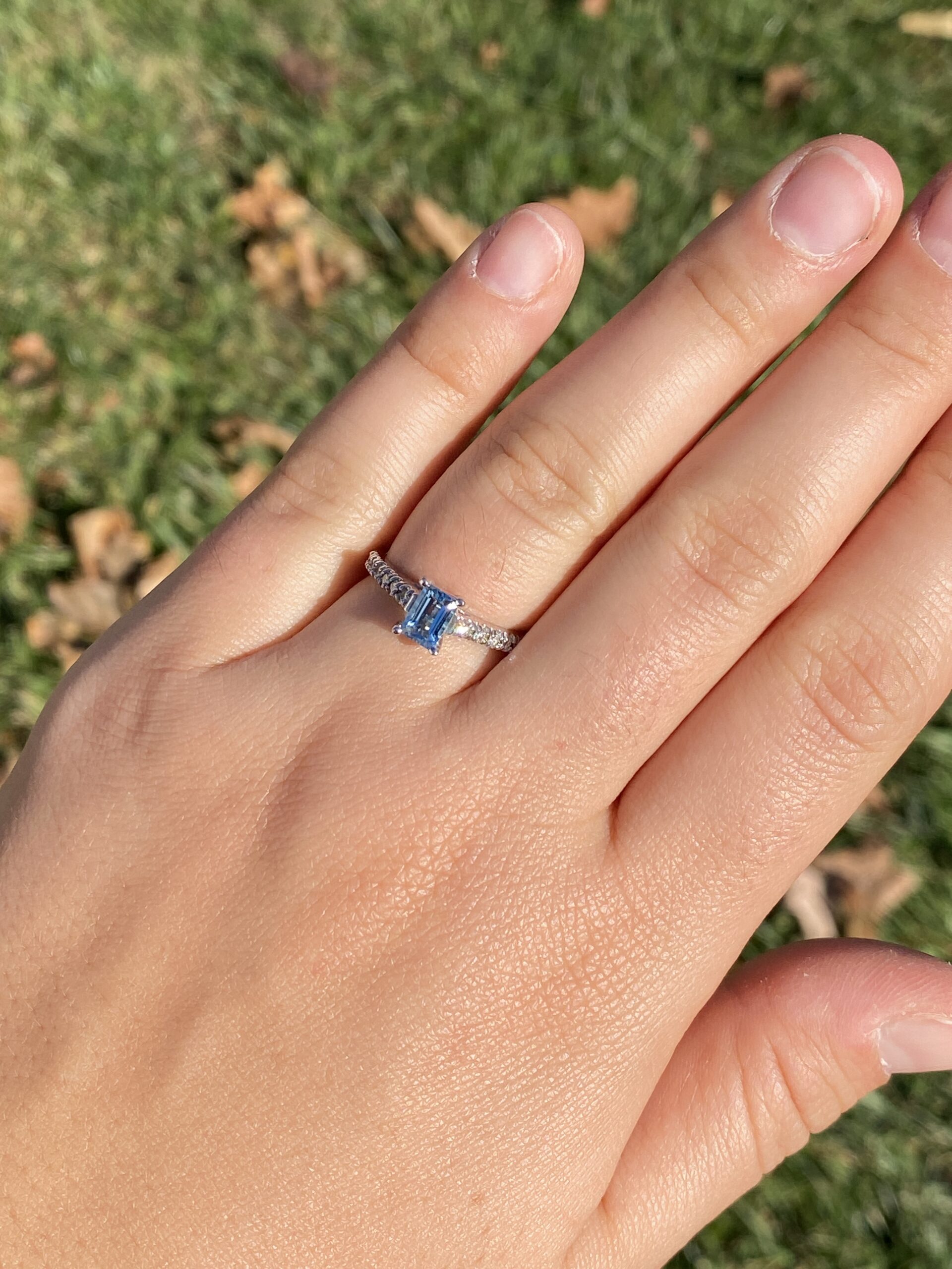 The 10th Avenue: Emerald Cut Blue Topaz and Diamond Ring in White Gold - Image 9