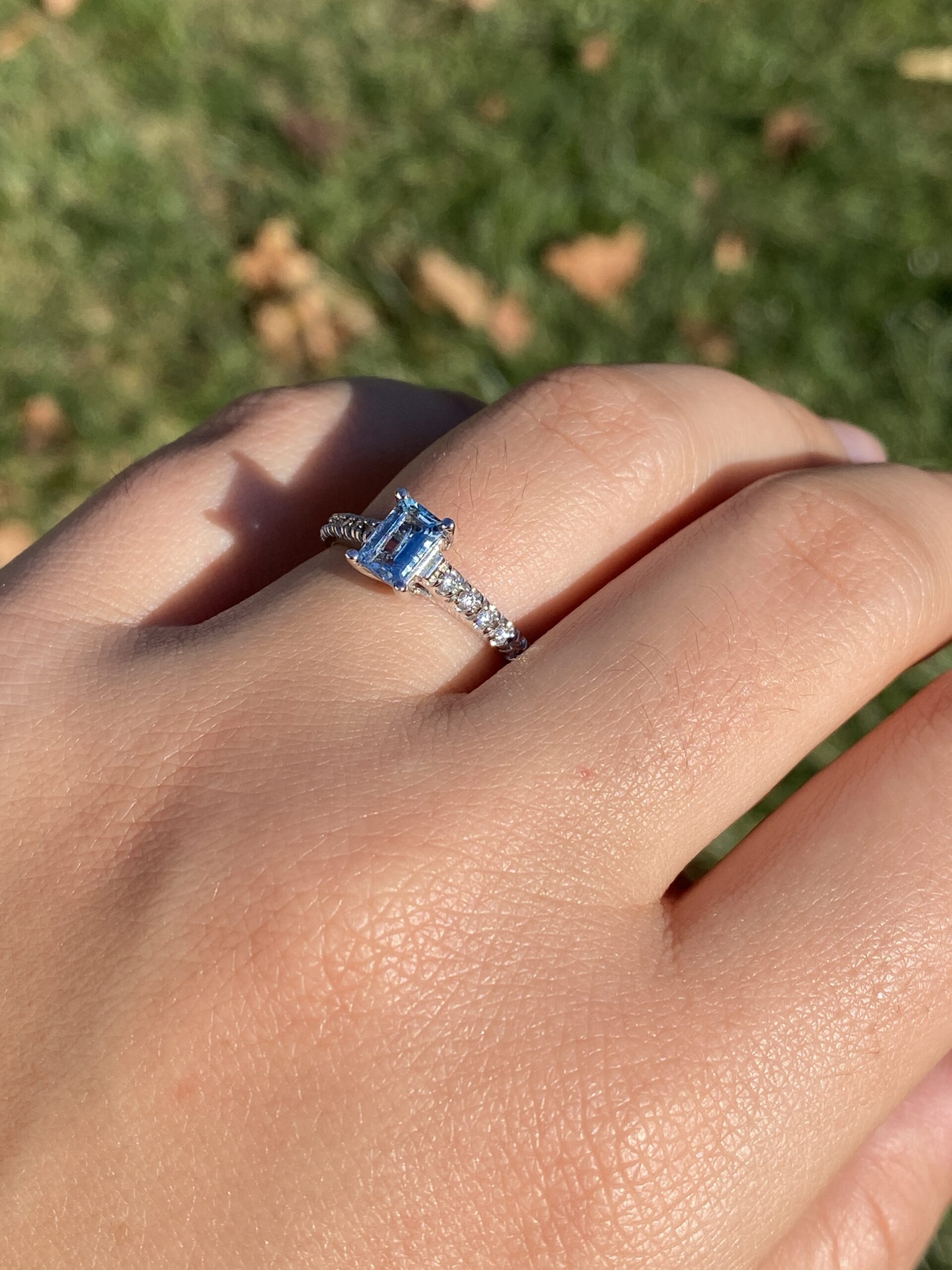 The 10th Avenue: Emerald Cut Blue Topaz and Diamond Ring in White Gold - Image 10