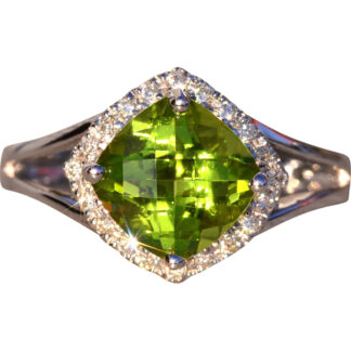 The 37th Avenue: Cushion Shaped Peridot and Diamond Halo Ring
