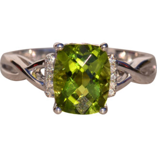 The 36th Avenue: Checkerboard Cut Peridot and Diamond Ring in White Gold
