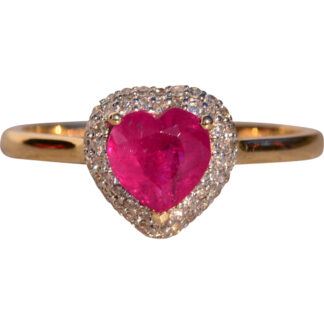 The 18th Avenue: Heart Shaped Ruby and Diamond Waterfall Halo Ring in Yellow Gold