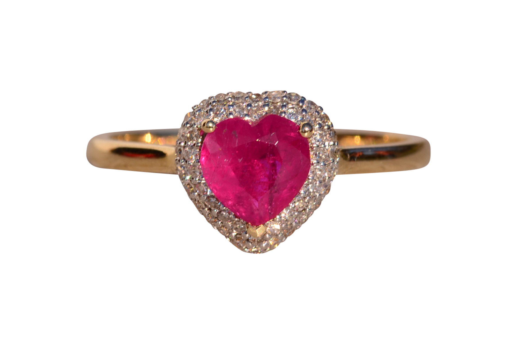 The 18th Avenue: Heart Shaped Ruby and Diamond Waterfall Halo Ring in Yellow Gold