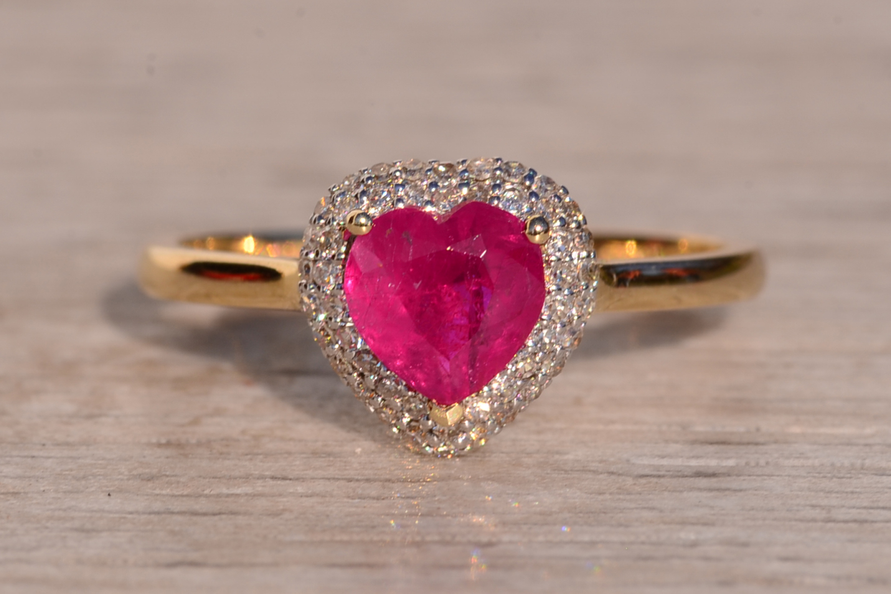 The 18th Avenue: Heart Shaped Ruby and Diamond Waterfall Halo Ring in Yellow Gold - Image 2