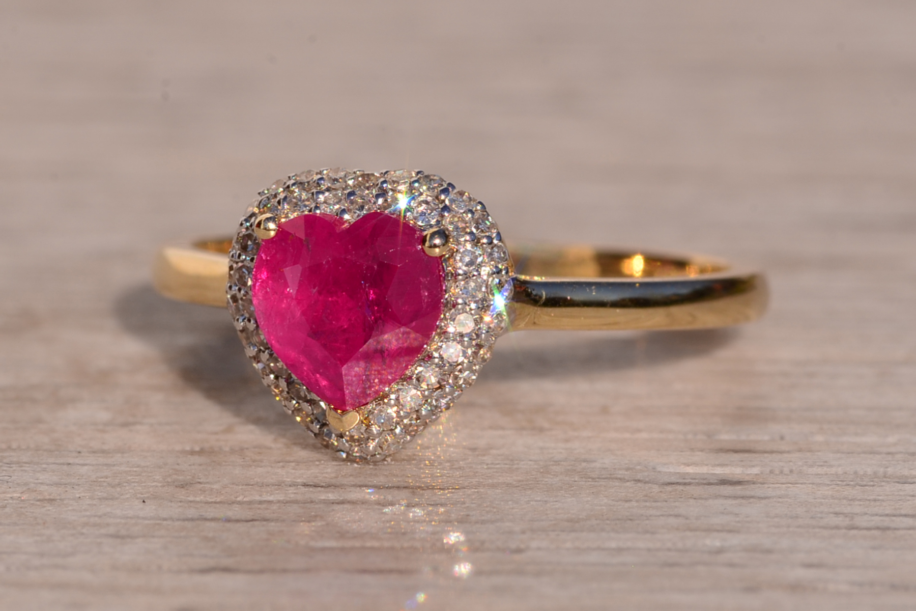The 18th Avenue: Heart Shaped Ruby and Diamond Waterfall Halo Ring in Yellow Gold - Image 3