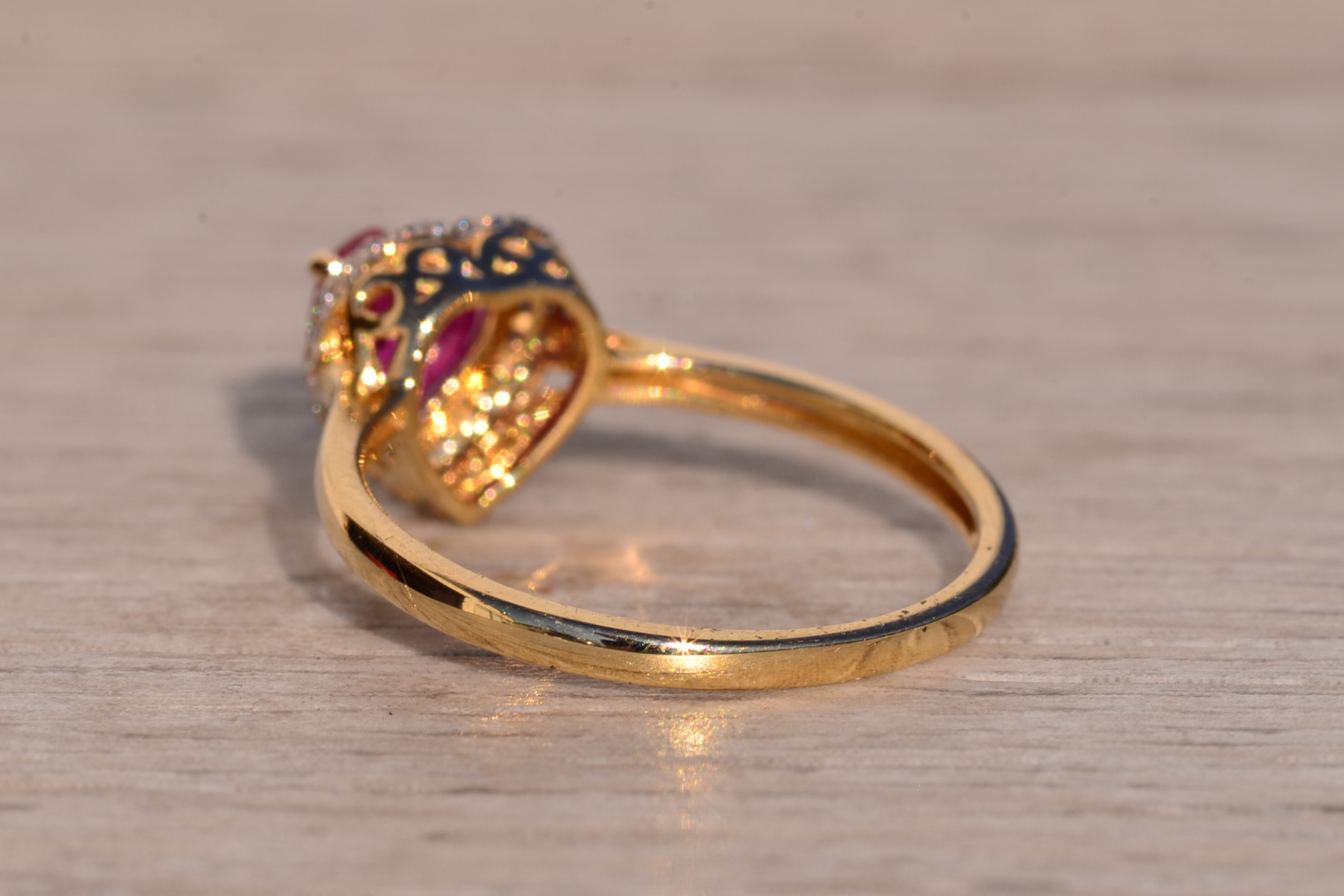 The 18th Avenue: Heart Shaped Ruby and Diamond Waterfall Halo Ring in Yellow Gold - Image 4