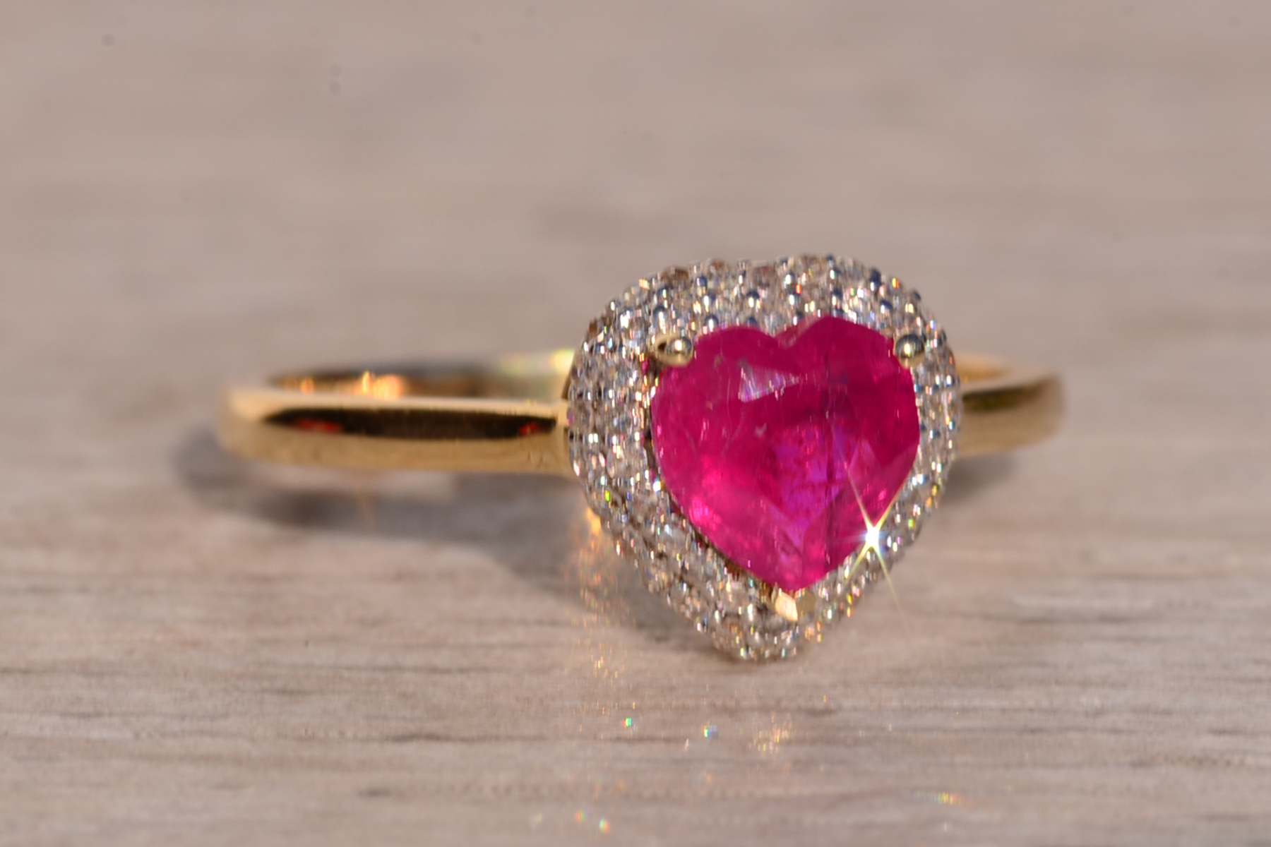The 18th Avenue: Heart Shaped Ruby and Diamond Waterfall Halo Ring in Yellow Gold - Image 6
