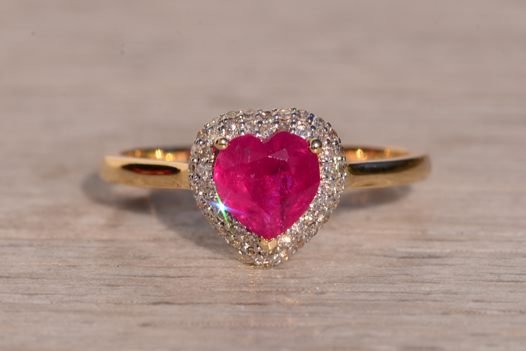 The 18th Avenue: Heart Shaped Ruby and Diamond Waterfall Halo Ring in Yellow Gold - Image 7