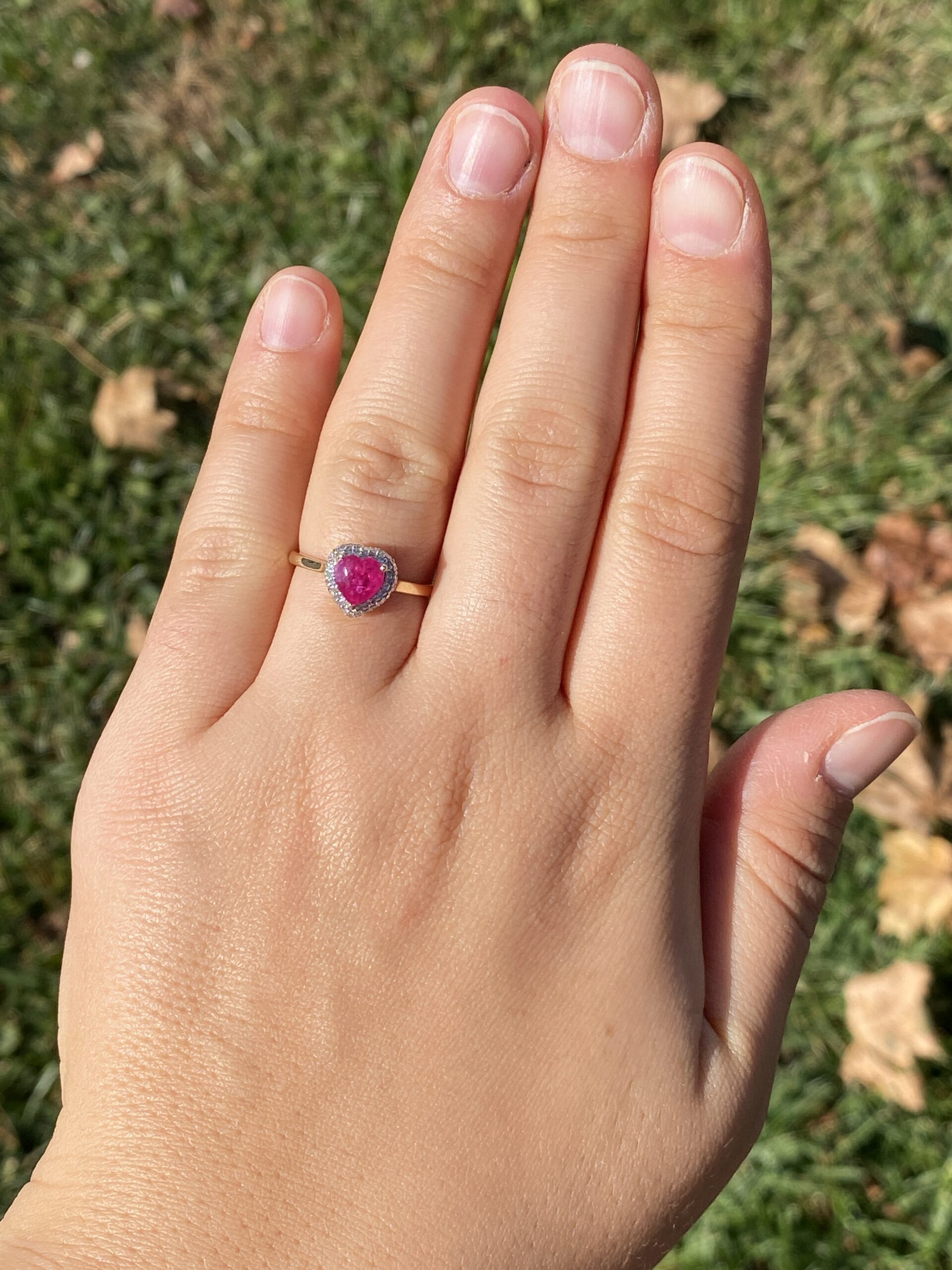 The 18th Avenue: Heart Shaped Ruby and Diamond Waterfall Halo Ring in Yellow Gold - Image 8