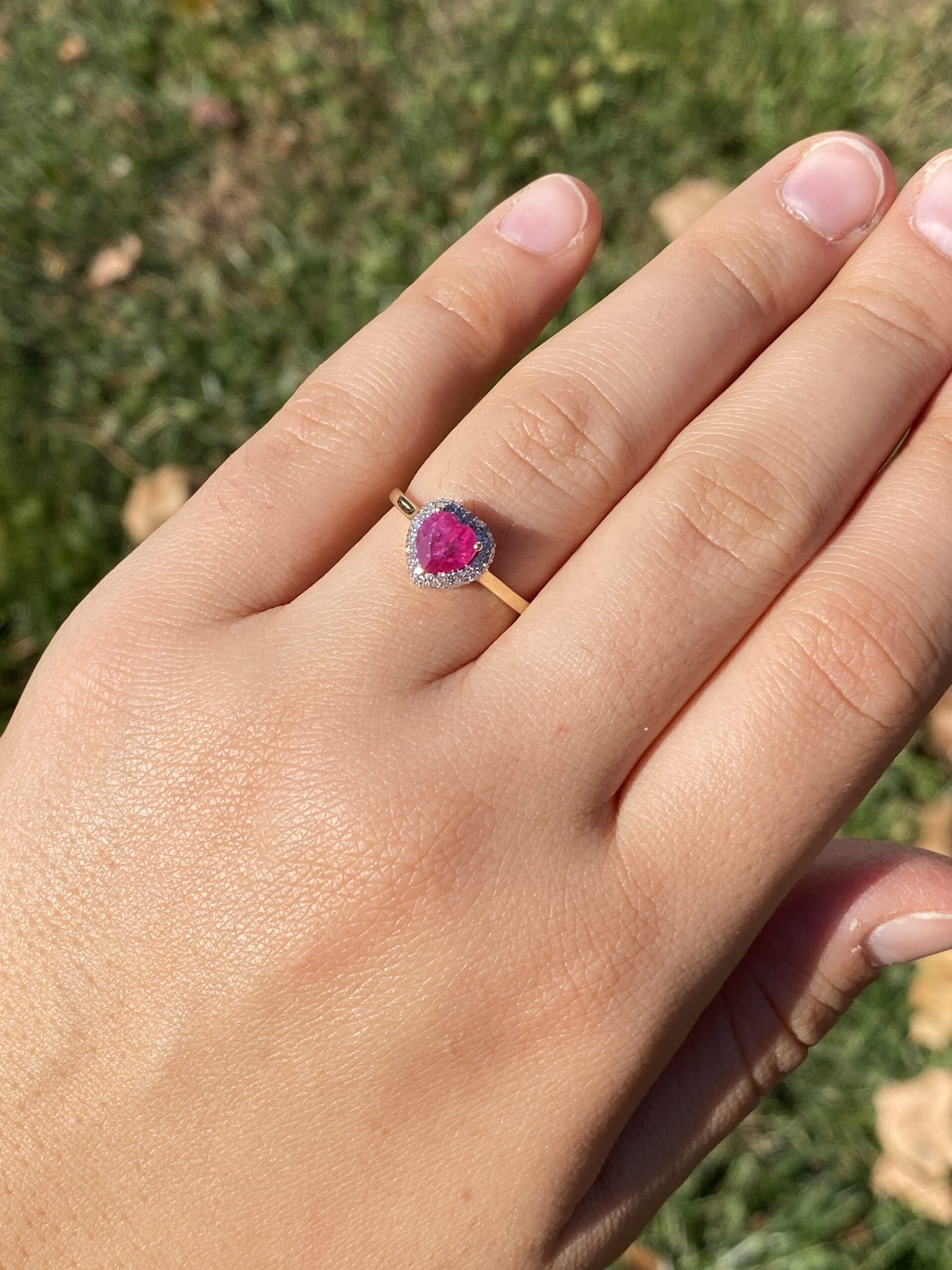 The 18th Avenue: Heart Shaped Ruby and Diamond Waterfall Halo Ring in Yellow Gold - Image 9