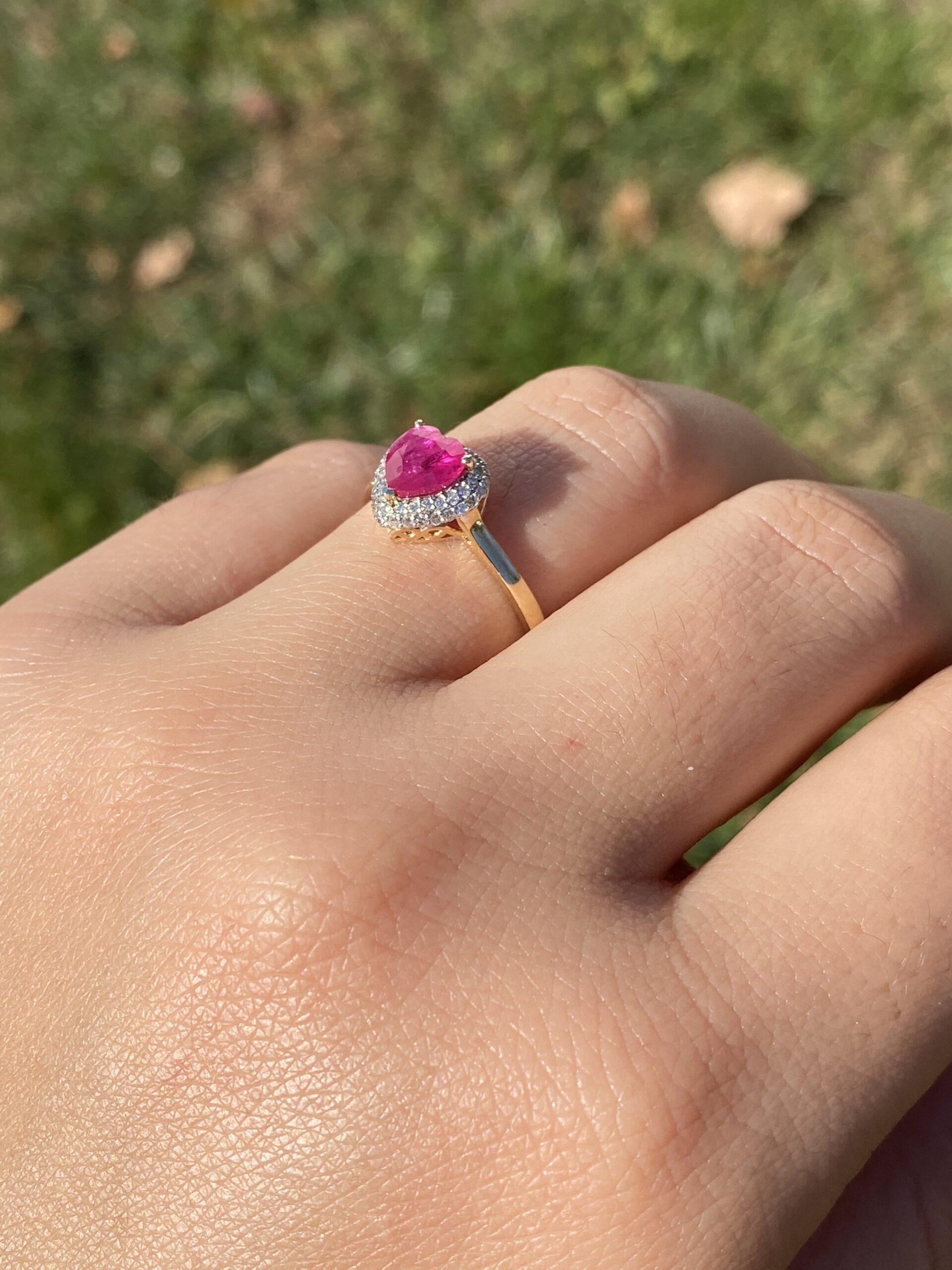 The 18th Avenue: Heart Shaped Ruby and Diamond Waterfall Halo Ring in Yellow Gold - Image 10