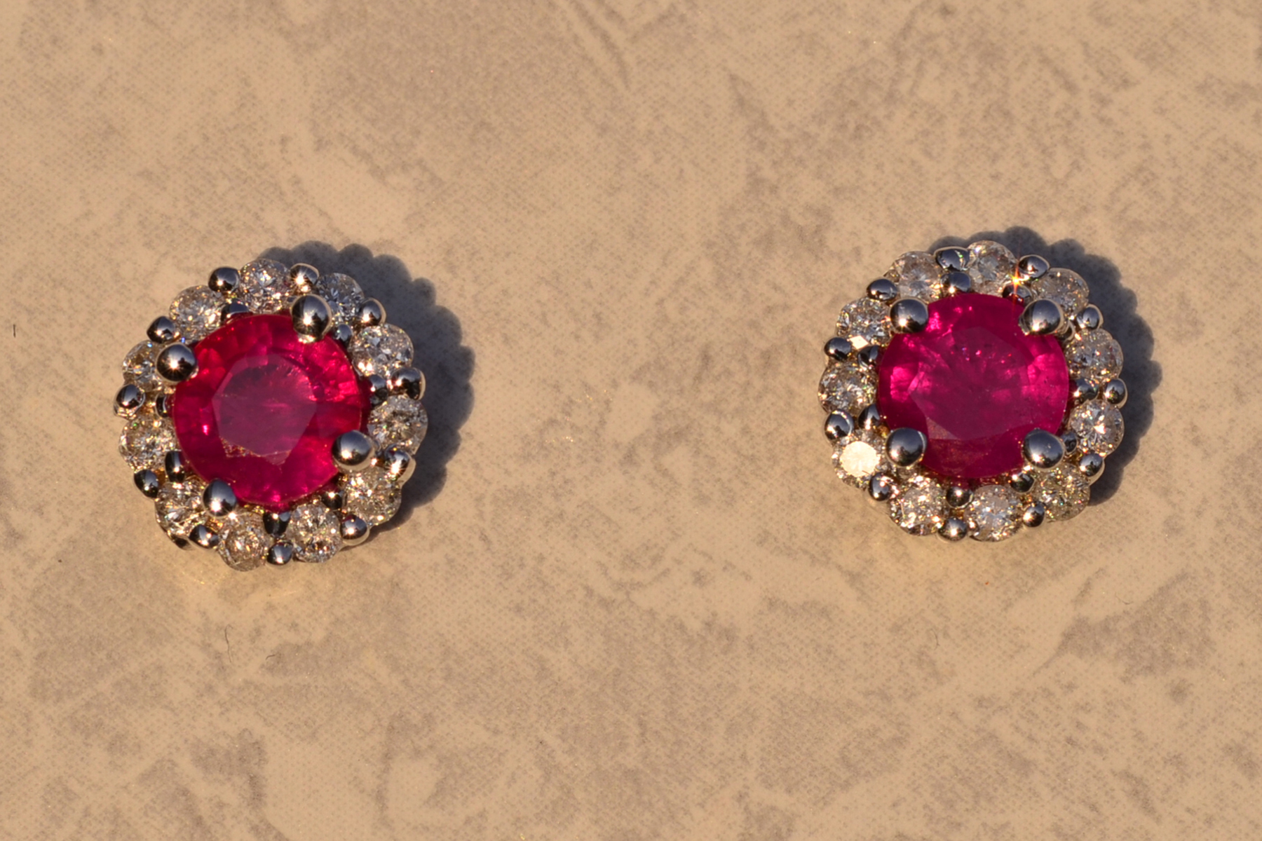 The 20th Avenue: Natural Ruby and Diamond Halo Stud Earrings in White Gold - Image 2