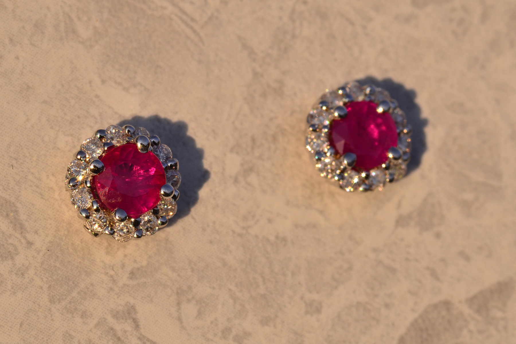 The 20th Avenue: Natural Ruby and Diamond Halo Stud Earrings in White Gold - Image 3