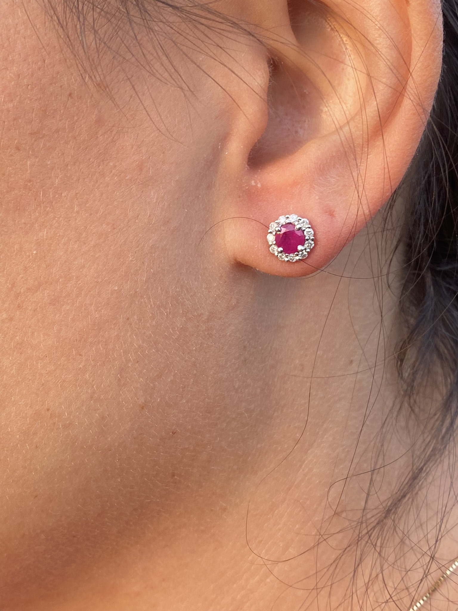 The 20th Avenue: Natural Ruby and Diamond Halo Stud Earrings in White Gold - Image 4