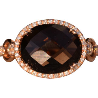The 84th Avenue:  Checkerboard Cut Smokey Quartz and Diamond Halo Ring in Rose Gold