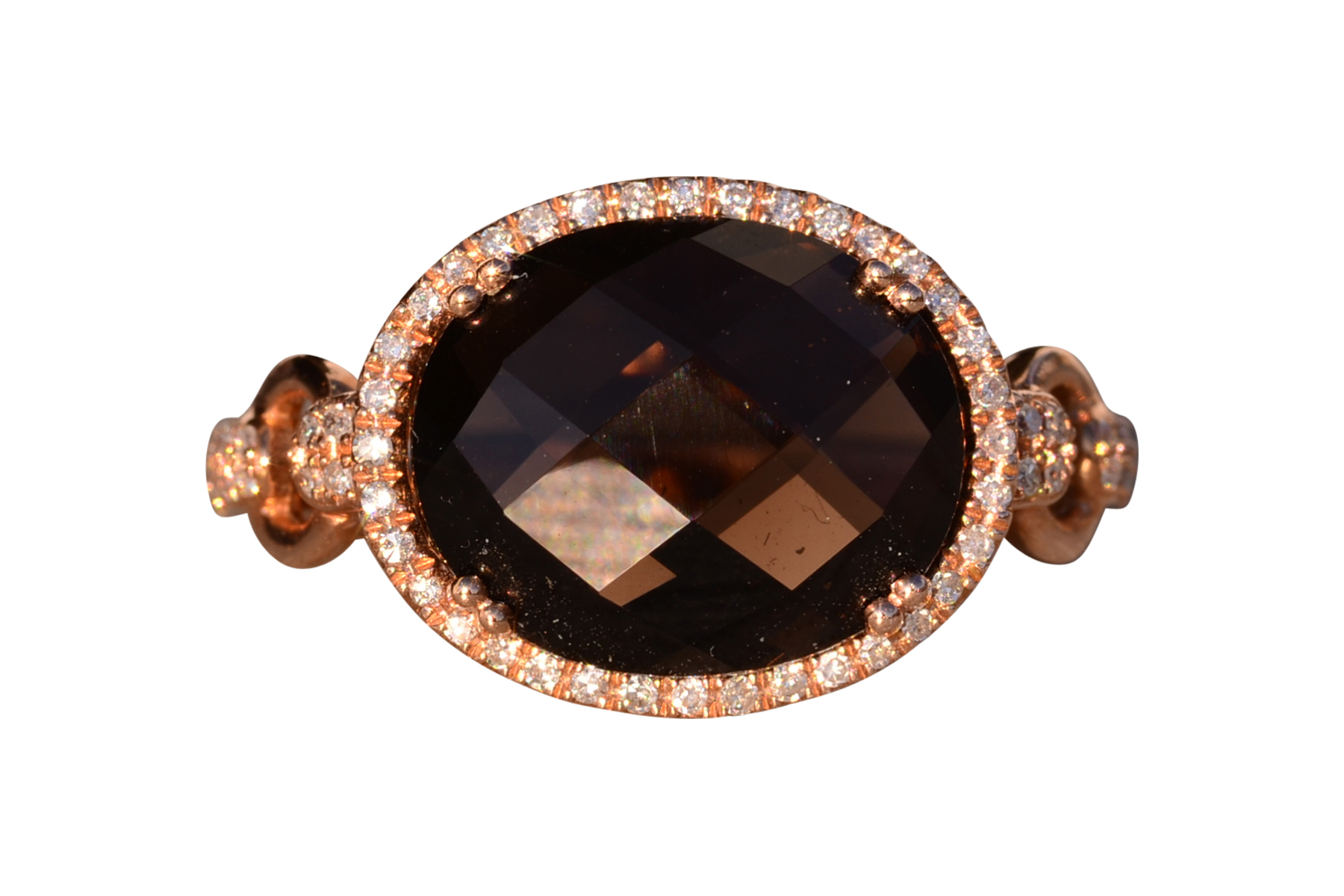 The 84th Avenue: Checkerboard Cut Smokey Quartz and Diamond Halo Ring in Rose Gold