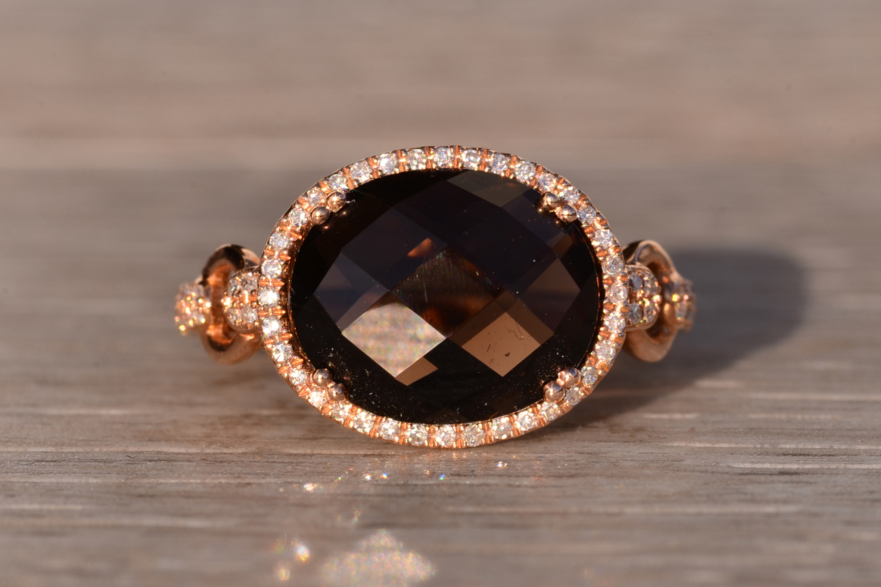 The 84th Avenue: Checkerboard Cut Smokey Quartz and Diamond Halo Ring in Rose Gold - Image 2