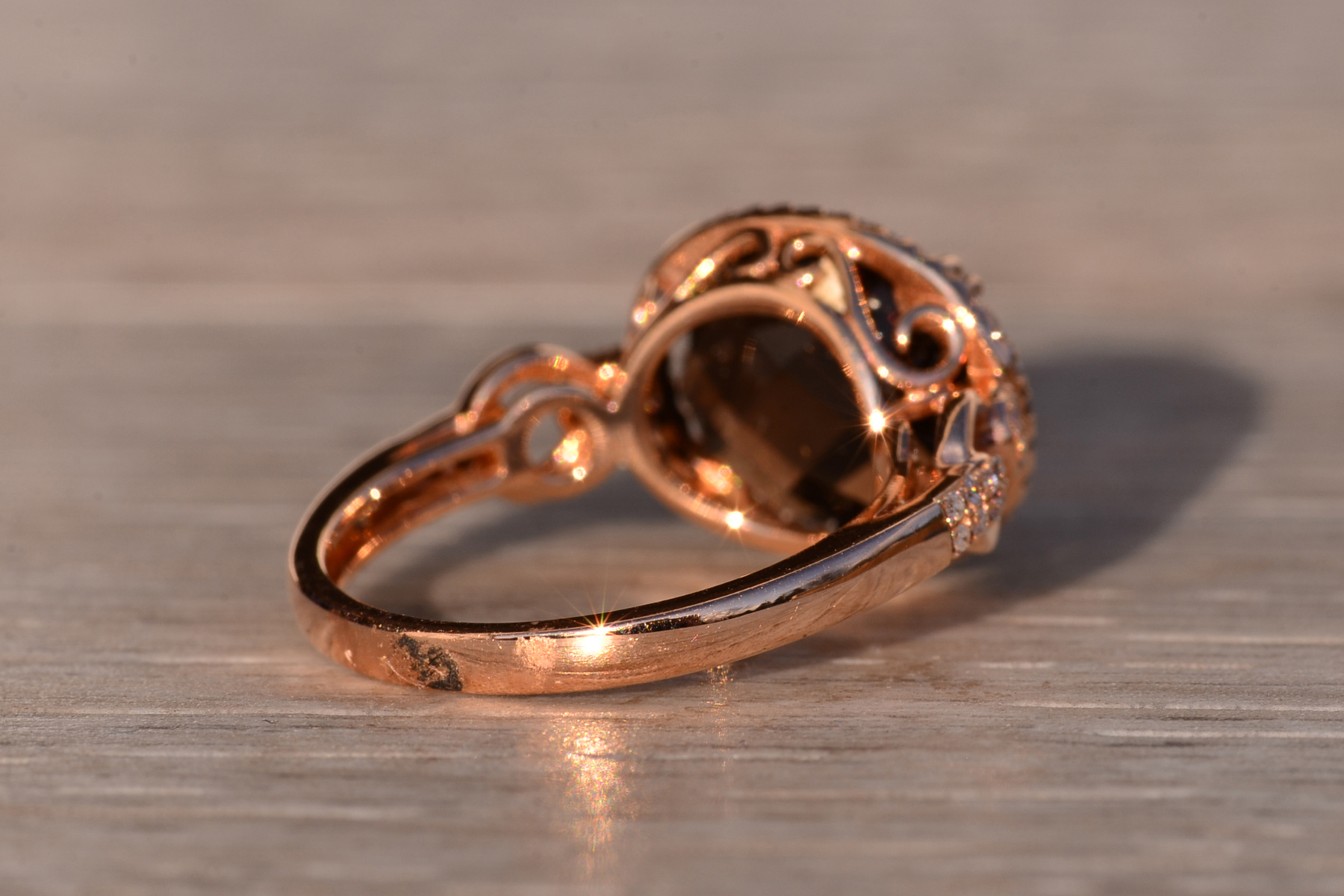 The 84th Avenue: Checkerboard Cut Smokey Quartz and Diamond Halo Ring in Rose Gold - Image 3
