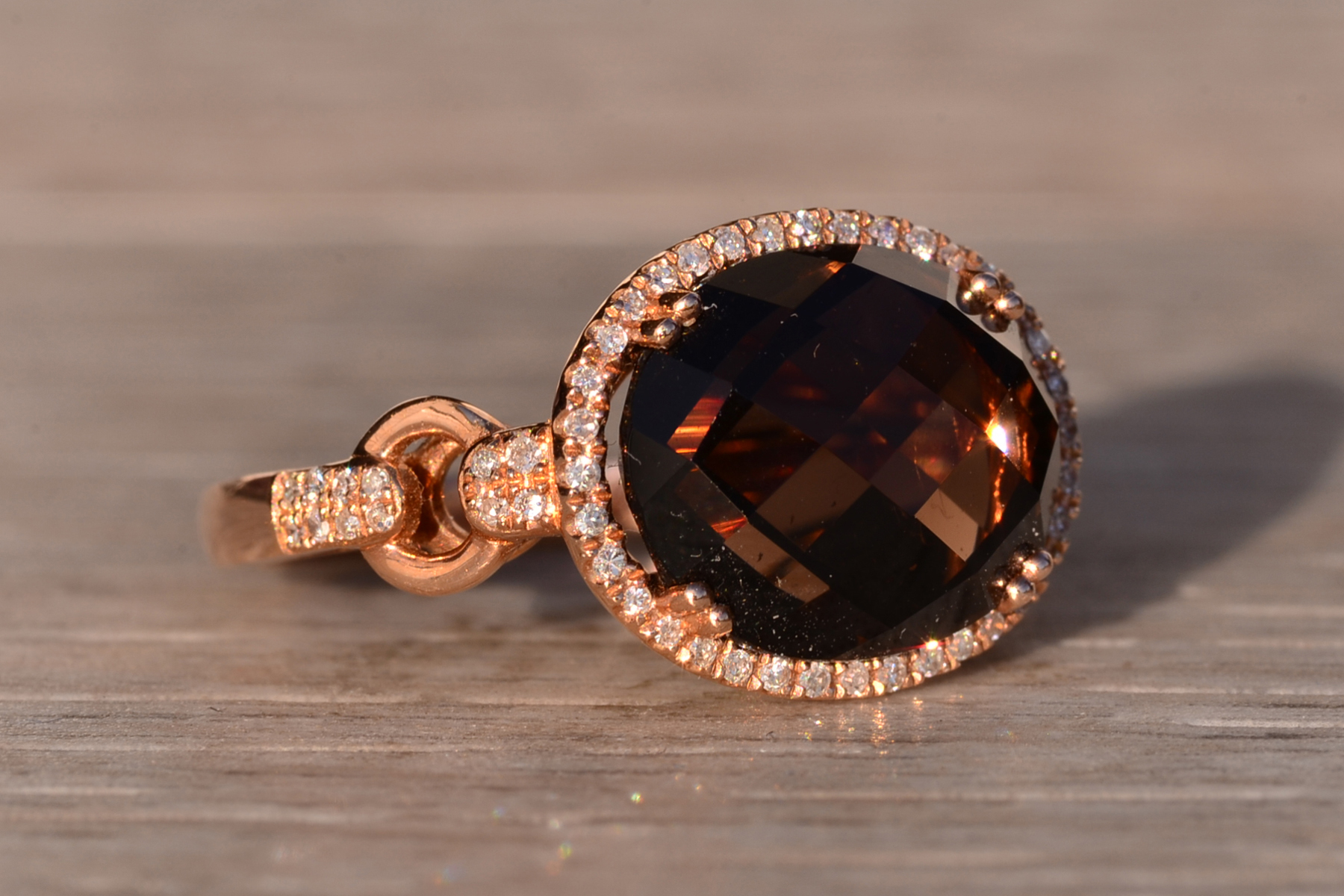 The 84th Avenue: Checkerboard Cut Smokey Quartz and Diamond Halo Ring in Rose Gold - Image 4