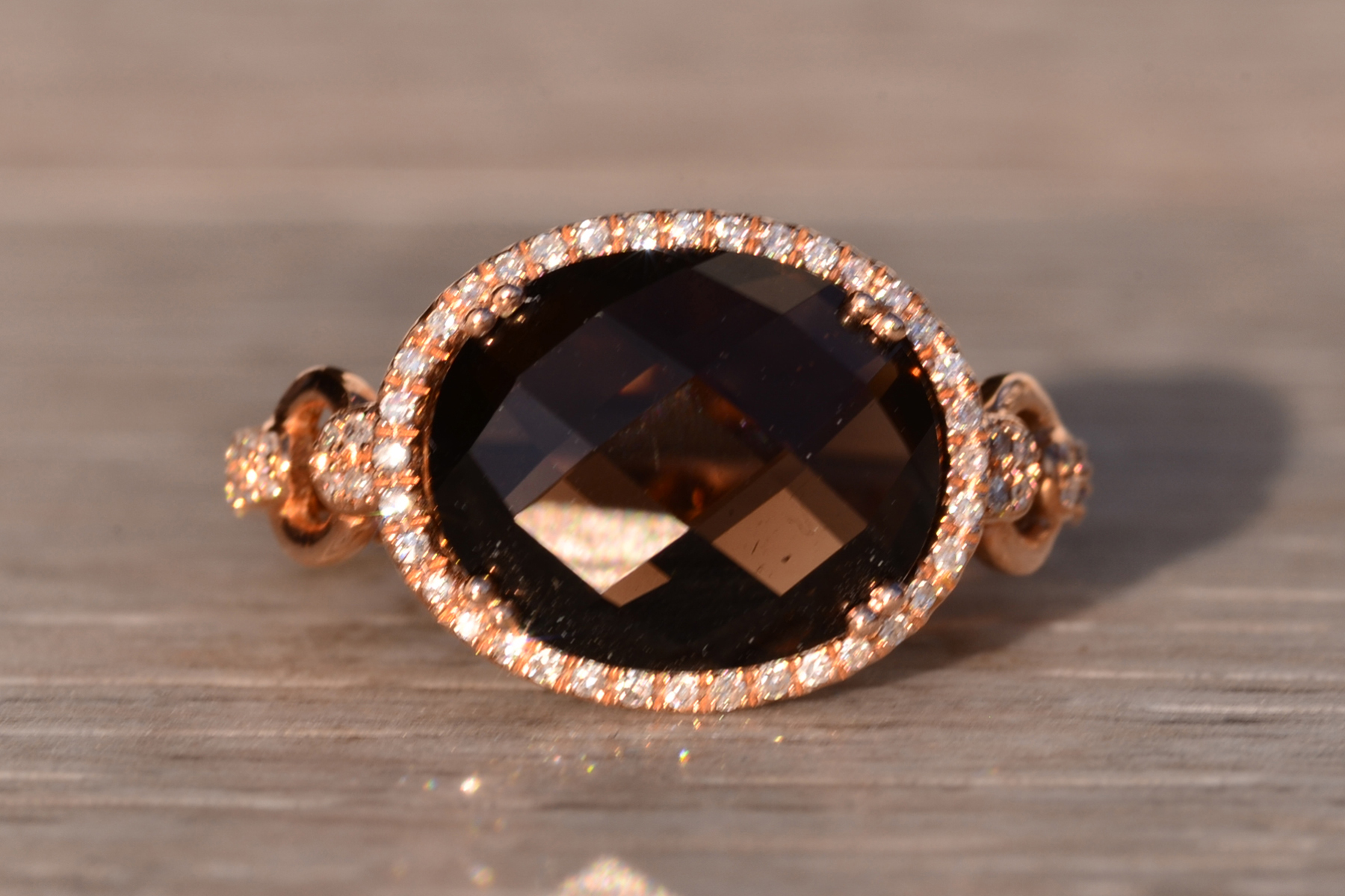 The 84th Avenue: Checkerboard Cut Smokey Quartz and Diamond Halo Ring in Rose Gold - Image 5