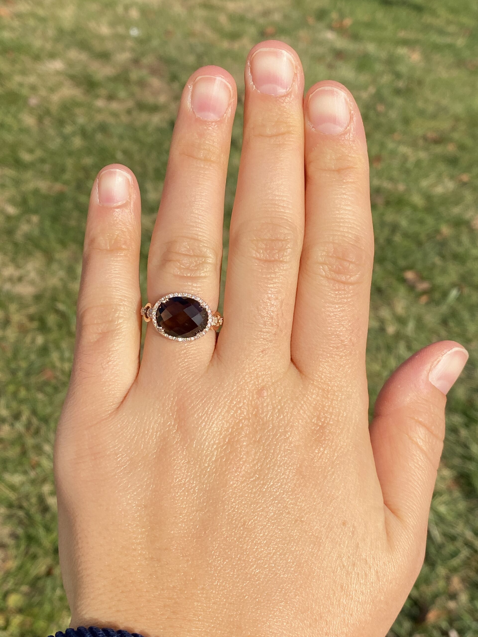 The 84th Avenue: Checkerboard Cut Smokey Quartz and Diamond Halo Ring in Rose Gold - Image 6