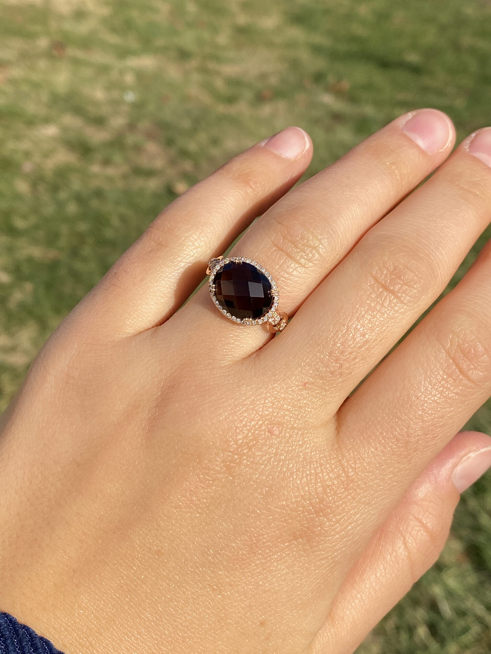 The 84th Avenue: Checkerboard Cut Smokey Quartz and Diamond Halo Ring in Rose Gold - Image 7