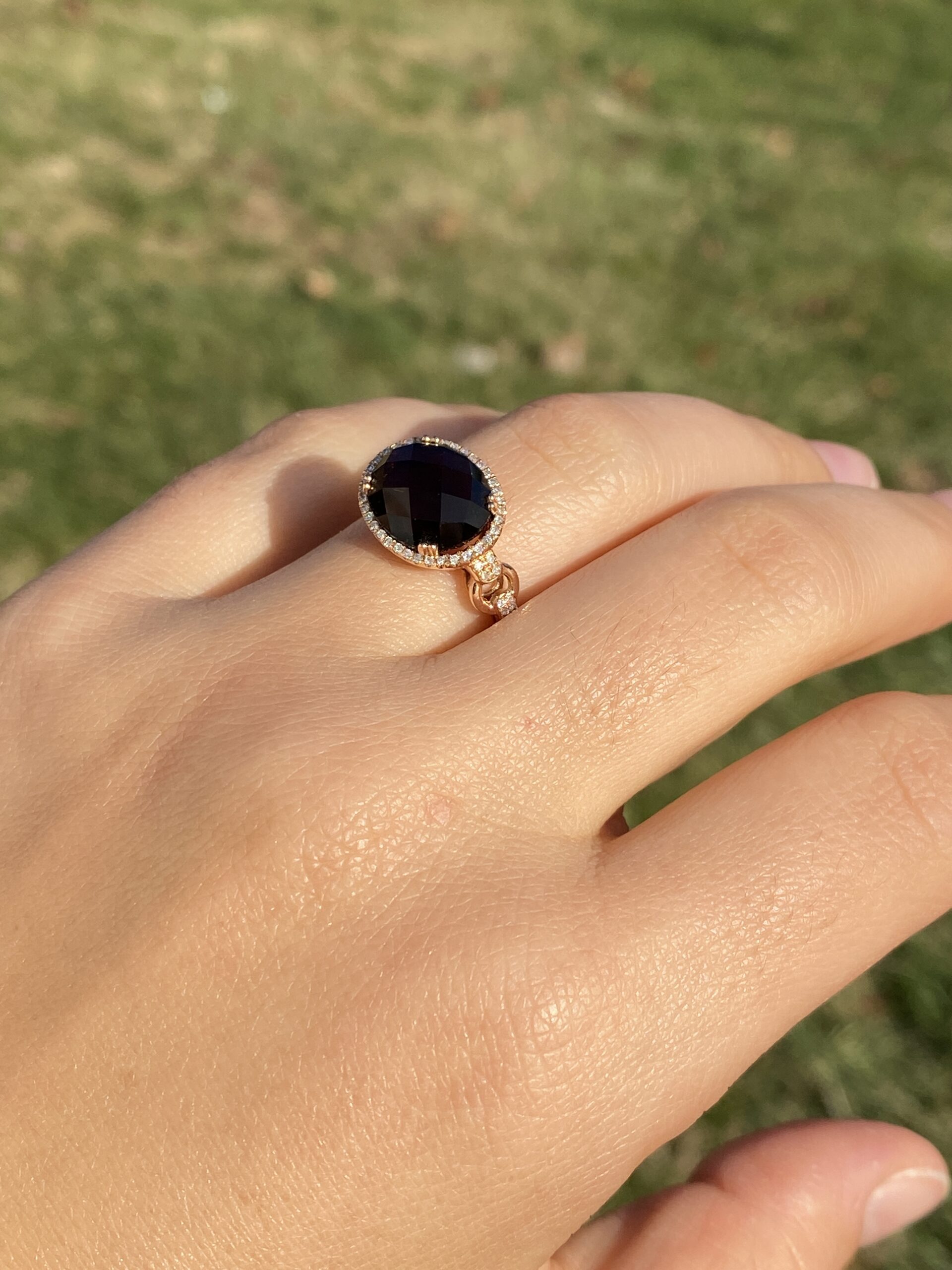 The 84th Avenue: Checkerboard Cut Smokey Quartz and Diamond Halo Ring in Rose Gold - Image 8