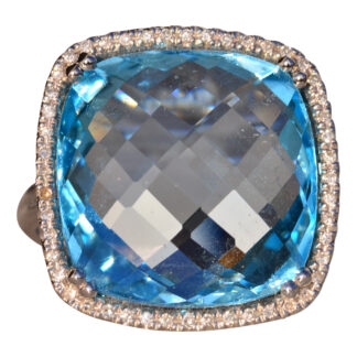 The 83rd Avenue: Checkerboard Cut Blue Topaz and Diamond Halo Ring in White Gold