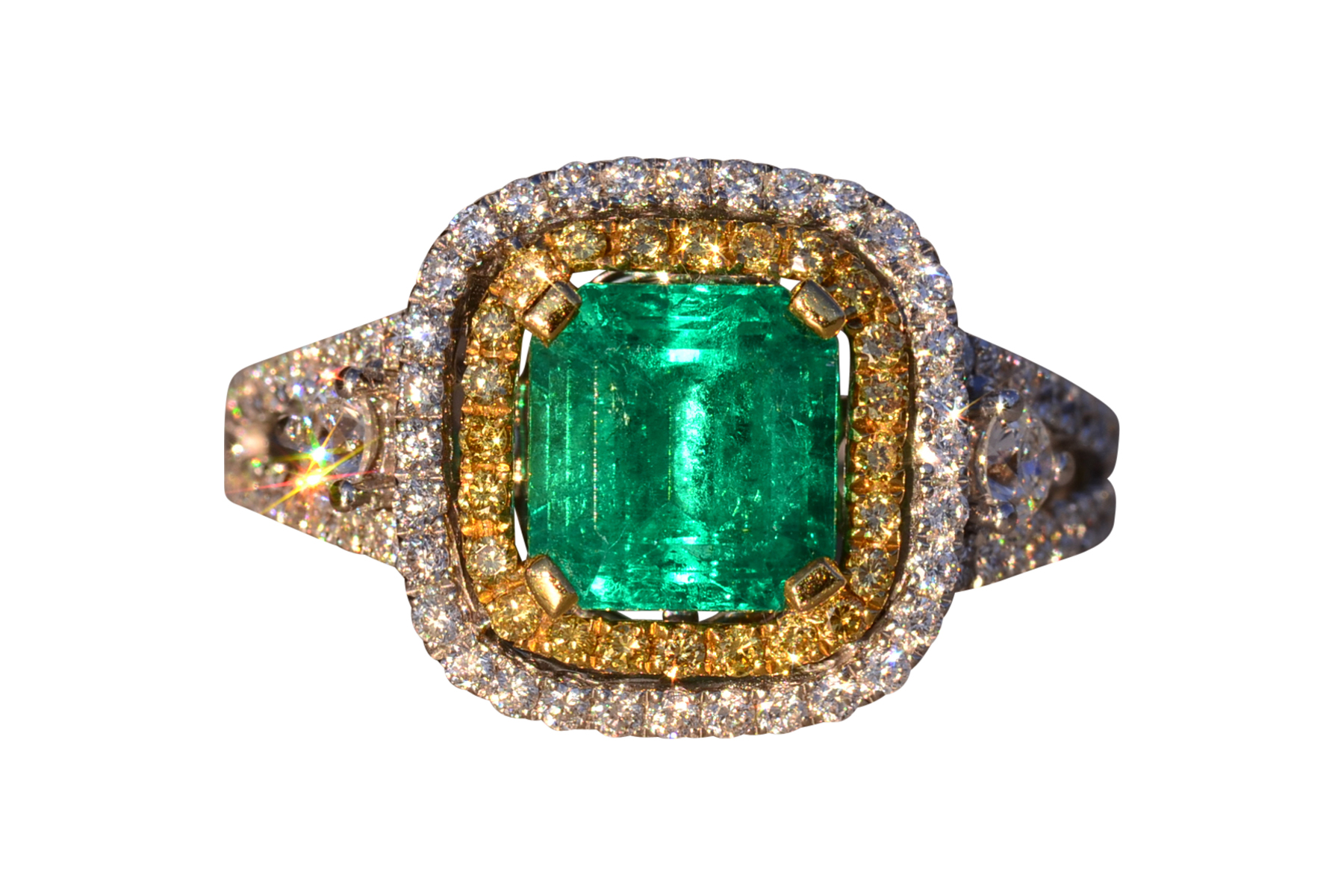 SOLD - The 73rd Avenue: Square Emerald Cut Emerald and Natural Diamond Double Halo Ring