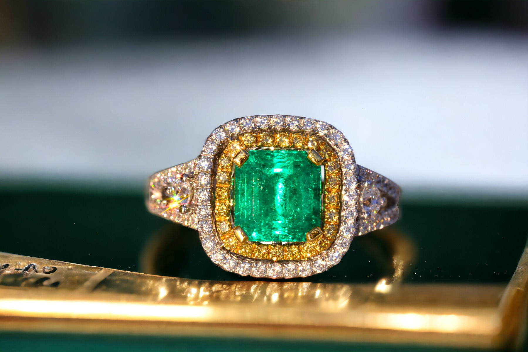 SOLD - The 73rd Avenue: Square Emerald Cut Emerald and Natural Diamond Double Halo Ring - Image 12
