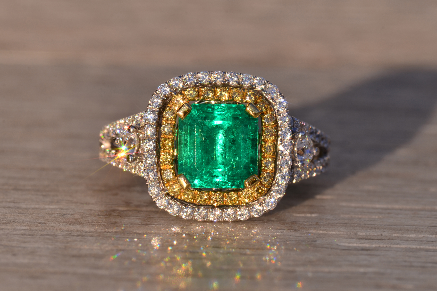 SOLD - The 73rd Avenue: Square Emerald Cut Emerald and Natural Diamond Double Halo Ring - Image 2