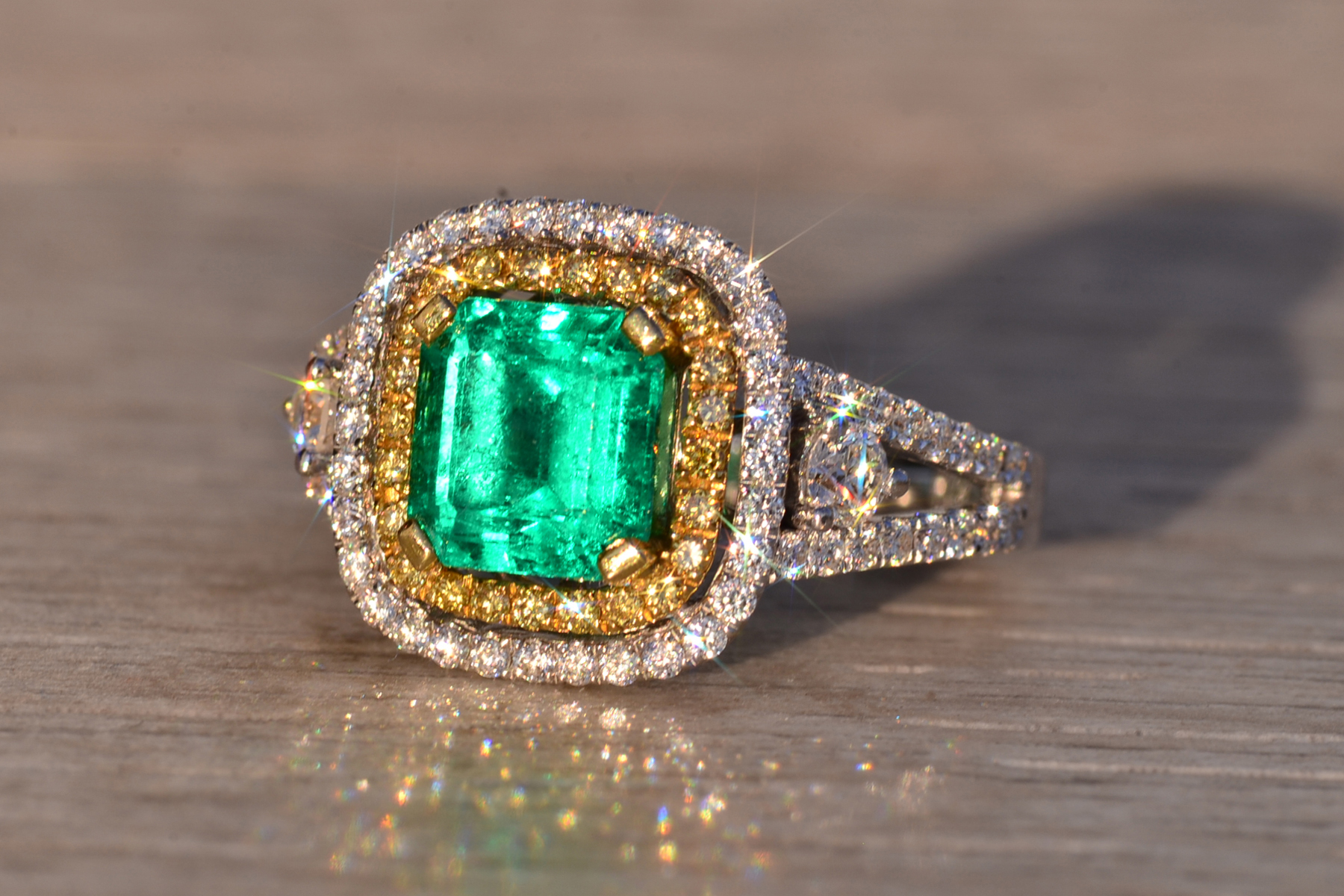 SOLD - The 73rd Avenue: Square Emerald Cut Emerald and Natural Diamond Double Halo Ring - Image 3