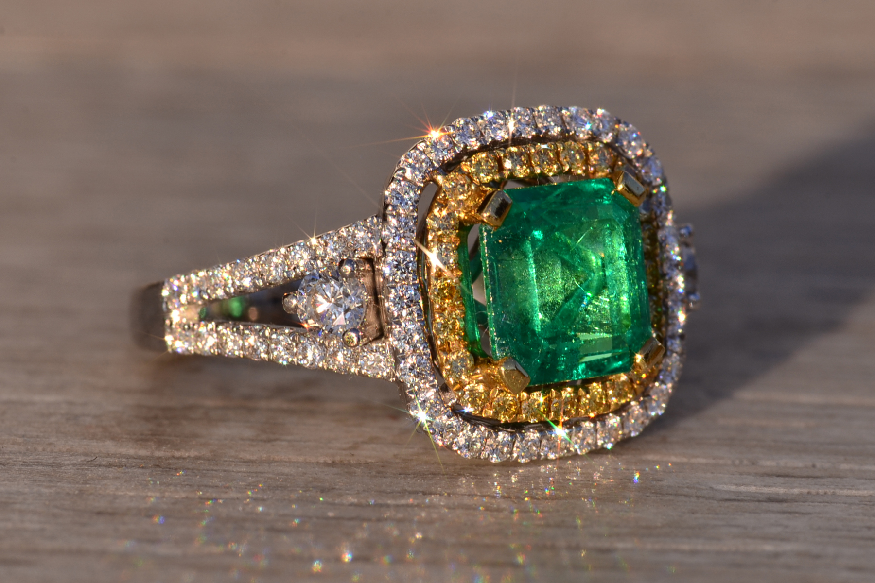 SOLD - The 73rd Avenue: Square Emerald Cut Emerald and Natural Diamond Double Halo Ring - Image 6