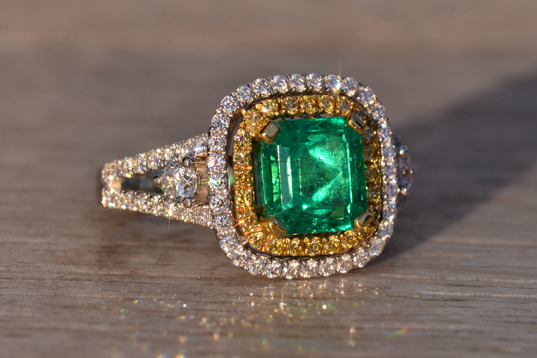 SOLD - The 73rd Avenue: Square Emerald Cut Emerald and Natural Diamond Double Halo Ring - Image 7