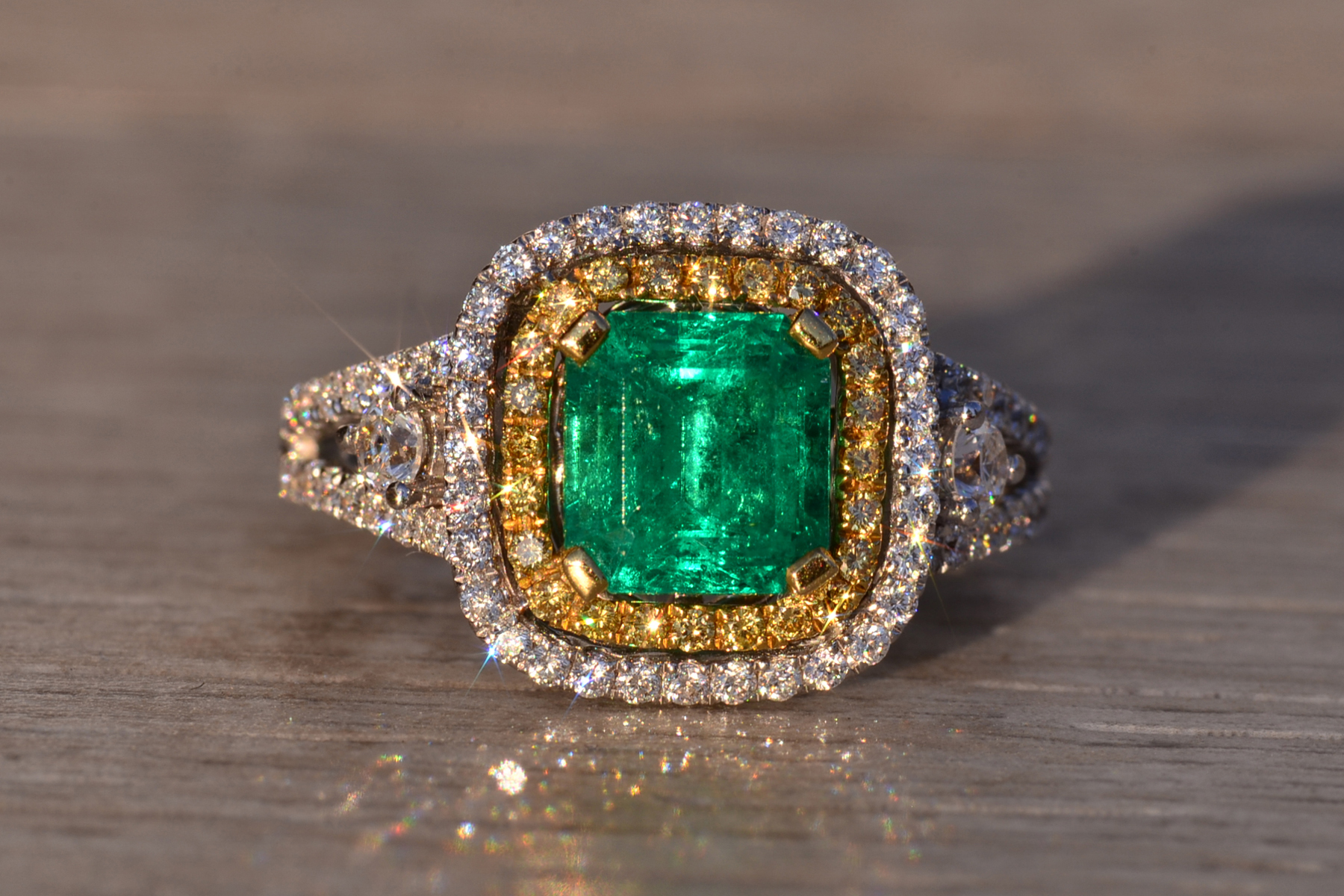 SOLD - The 73rd Avenue: Square Emerald Cut Emerald and Natural Diamond Double Halo Ring - Image 8