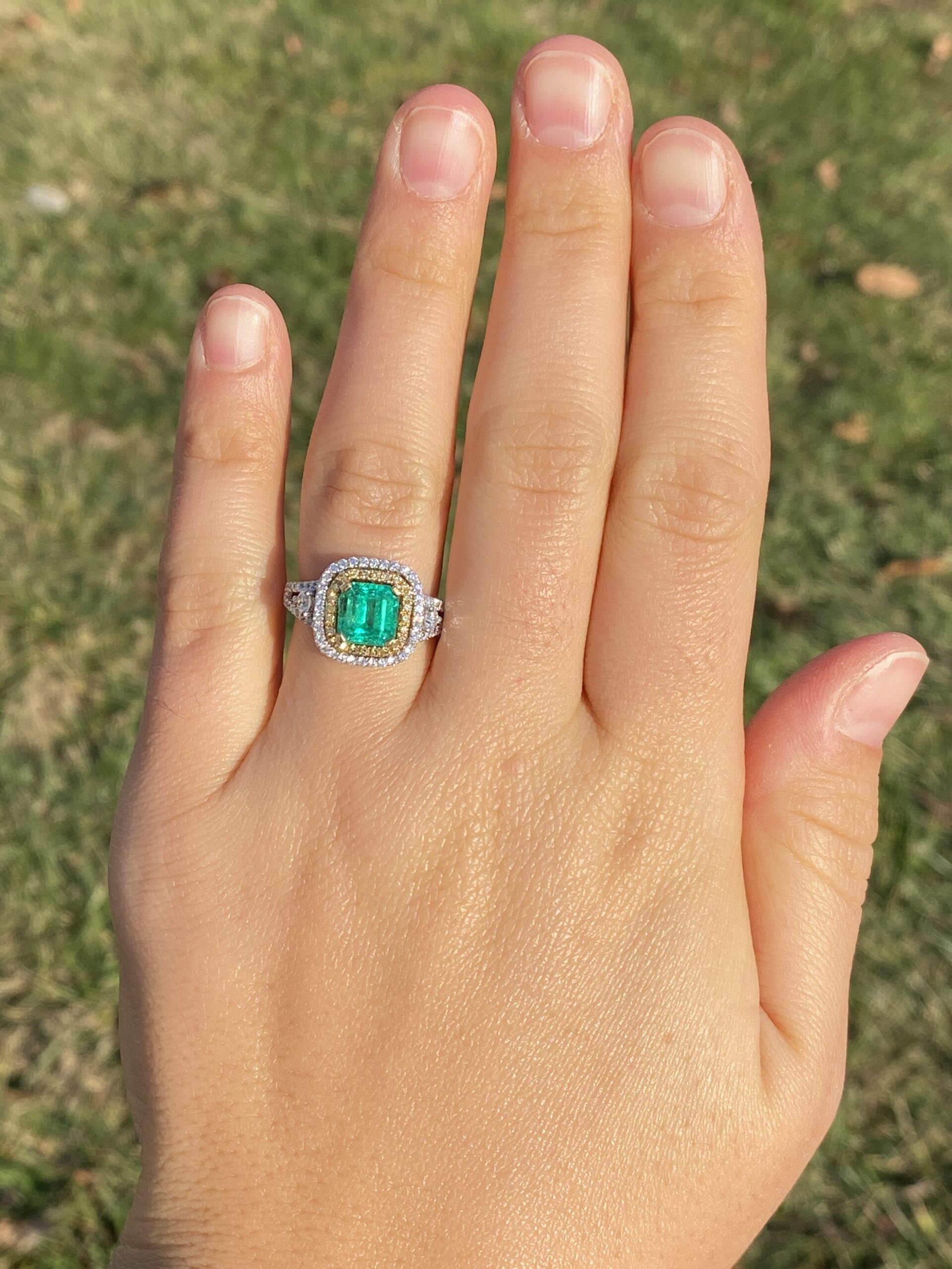 SOLD - The 73rd Avenue: Square Emerald Cut Emerald and Natural Diamond Double Halo Ring - Image 9