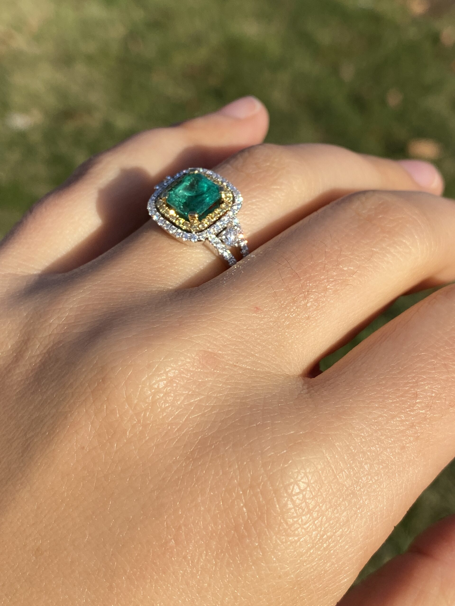SOLD - The 73rd Avenue: Square Emerald Cut Emerald and Natural Diamond Double Halo Ring - Image 11
