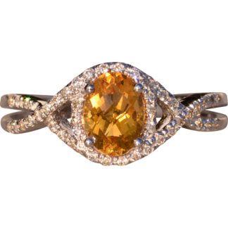 The 108th Street: Oval Checkerboard Cut Citrine and Diamond Halo Ring in White Gold