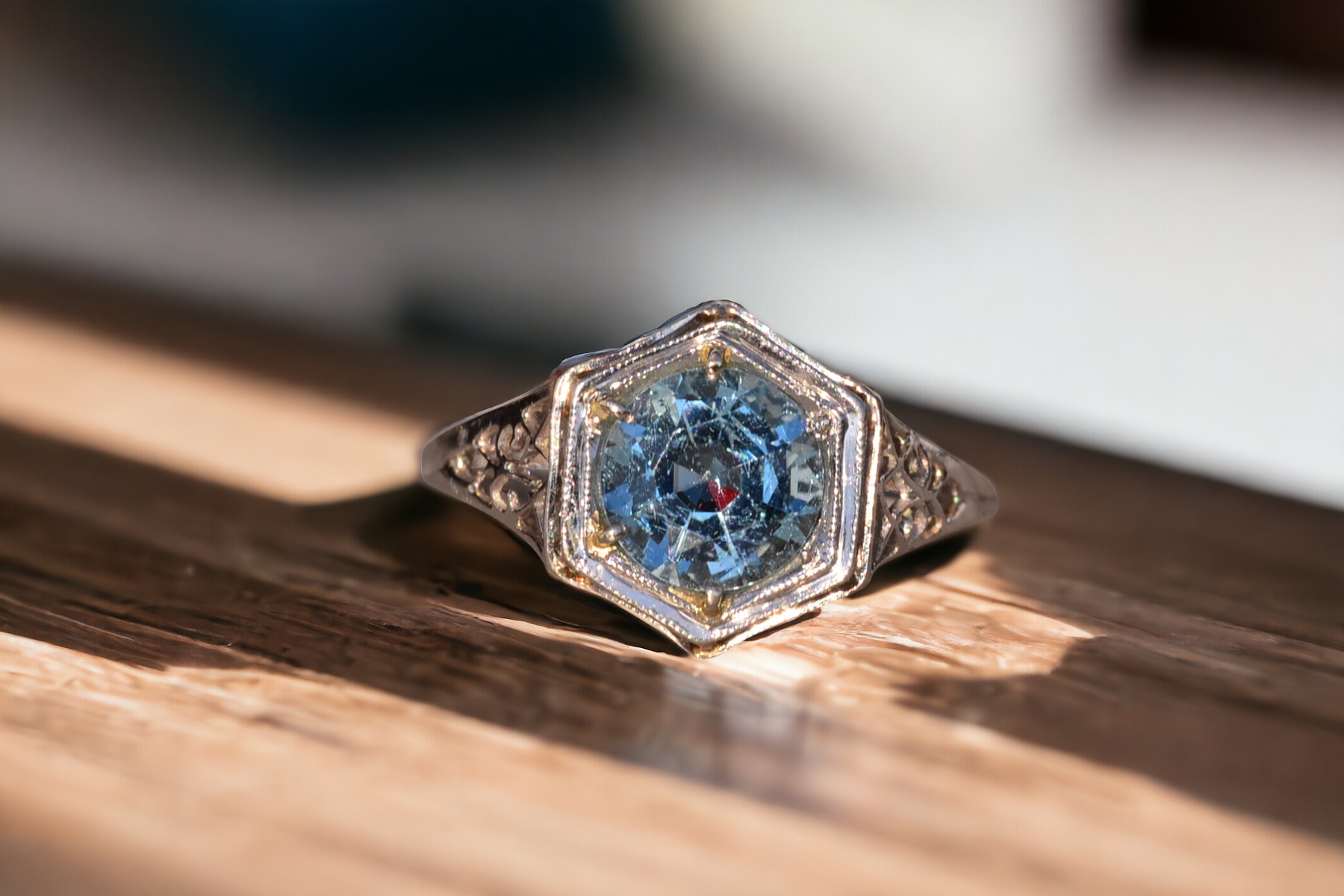 The 94th Avenue: Antique Art Deco Ring with Natural Aquamarine Center - Image 11