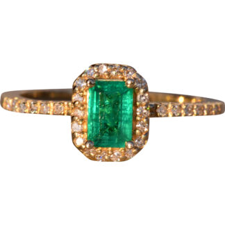 The 90th Avenue: Emerald Cut Natural Emerald Ring with Diamonds in Yellow Gold