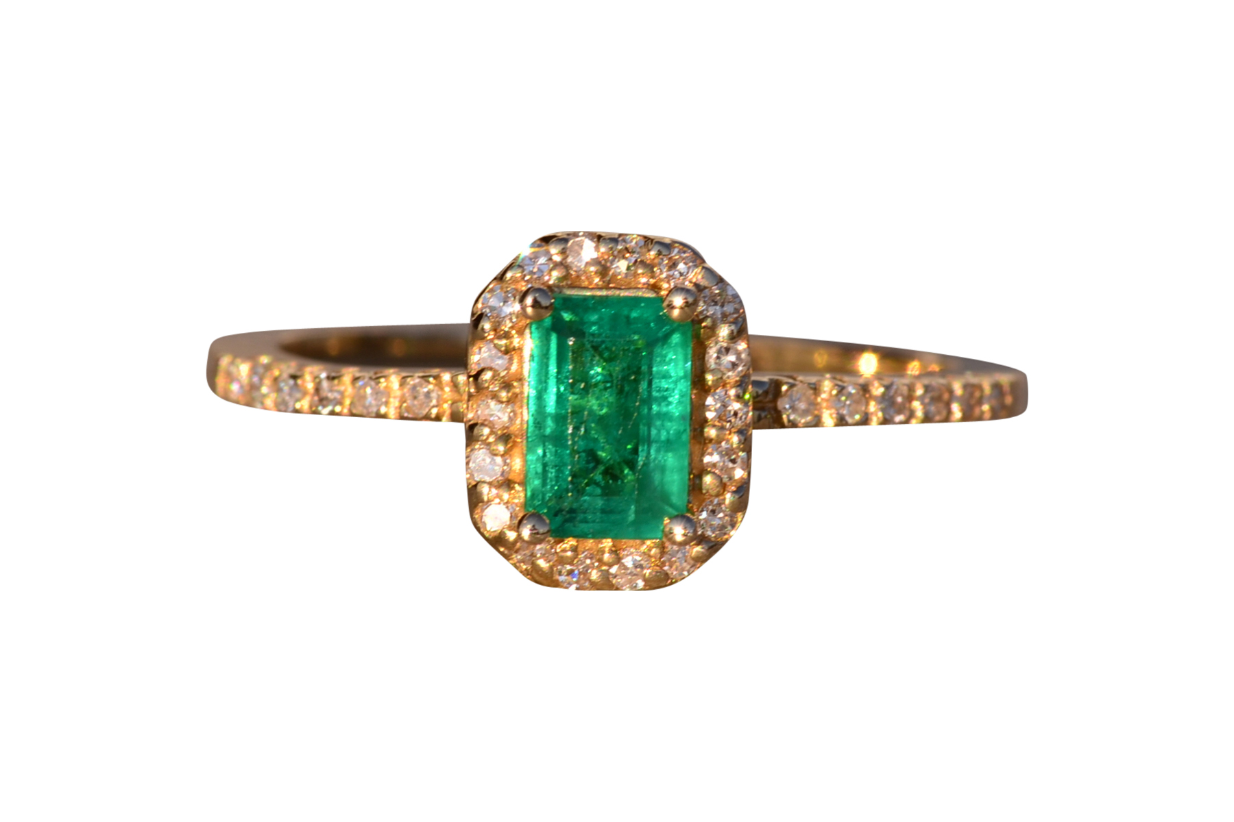 The 90th Avenue: Emerald Cut Natural Emerald Ring with Diamonds in Yellow Gold