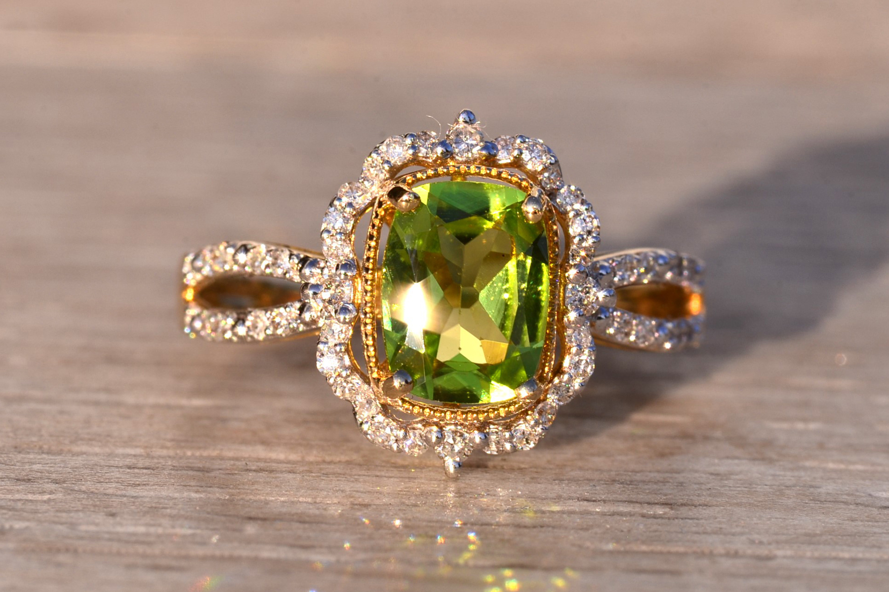 The 97th Avenue: Peridot and Natural Diamond Ring in Yellow Gold - Image 2