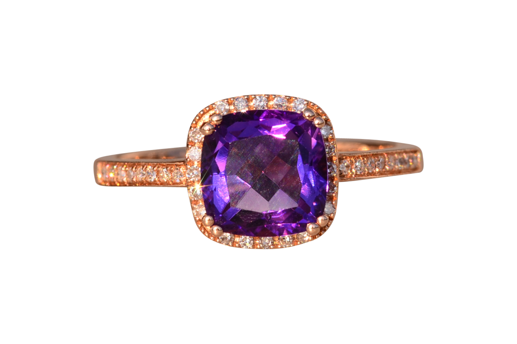 The 98th Avenue: Cushion Cut Amethyst and Natural Diamond Ring in Rose Gold